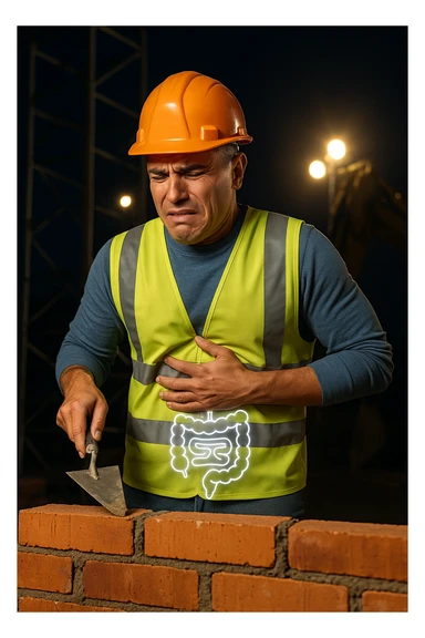 a construction worker in a reflective vest and hard hat is laying bricks at a nighttime construction site, illuminated by strong work lights. He pauses, one hand on his abdomen with a pained or uncomfortable expression, while the other holds a trowel. In the background, scaffolding and machinery are visible under the night sky. Subtle icons or overlays highlight digestive organs, suggesting the need for intestinal balance. sticker