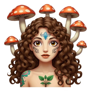 woman with long curly brown hair, brown eyes, white skin, tattoos, psychedelic mushrooms growing from her shadow sticker