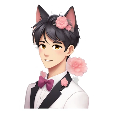 Gorgeous romantic anime style Asian formal modern gentlemanly guy with cat ears and flowers and blushing face aesthetic trending style outside with colorful gradient colors sticker