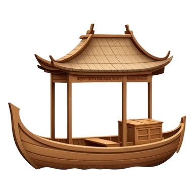 Traditional Chinese wooden boat on West Lake Hangzhou, simplified cute emoji style, wooden rowing boat with canopy, cartoon style sticker