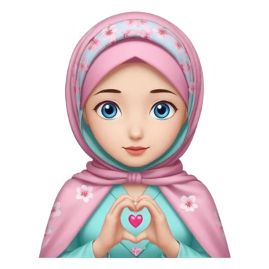 Turkish beautiful finish Konya girl blue eyes with mini cherry blossom hijab and lila mint pink dress and she make heart with hands sticker