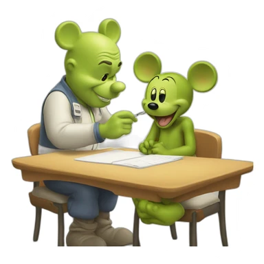 Mickey Mouse giving shrek an exam sticker