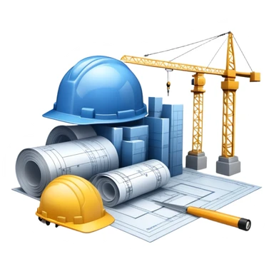 An icon featuring a blueprint, a hard hat, and a measuring tape, symbolizing architecture and construction. The design includes a building silhouette, cranes, and construction tools, representing the planning, design, and building processes. Transparent background. sticker