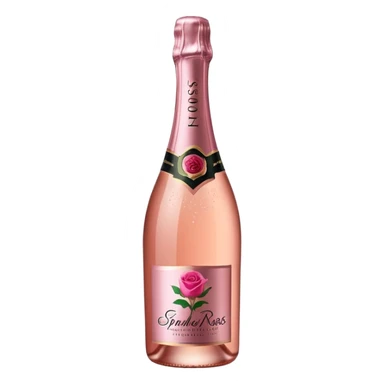 bottle of sparkling rosé champagne with a rose logo on the label, tilted up and to the right, no glass sticker