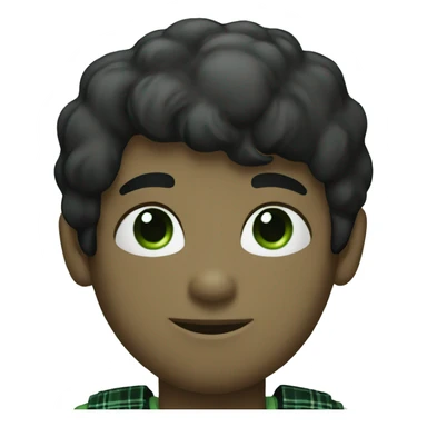 A light boy with black hair wearing a white T-shirt with a black plaid shirt over it with green eyes sticker