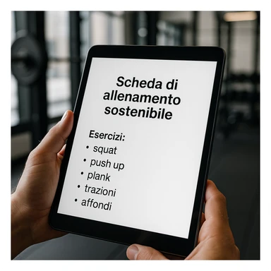 Edit the image to remove the 'Consigli' section from the text on the tablet. Keep only the text: 'Scheda di allenamento sostenibile', 'Esercizi: squat, push up, plank, trazioni, affondi'. The sustainability refers to the training path, not eco-friendly elements. Maintain a hyperrealistic style, 4K resolution, modern gym setting. sticker