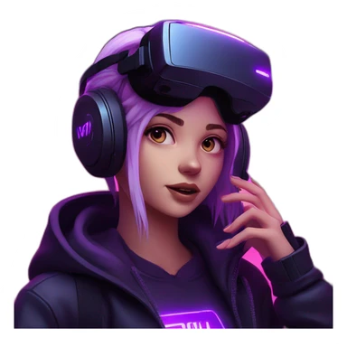 Russian girl wearing a black hoodie with "OMG" letters on it and VR headset in a cyberpunk VR environment with violet neon lighting. sticker