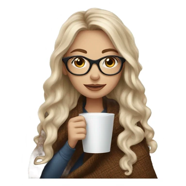 Balayage hair Girl drinking coffee, with a cozy blanket wearing glasses with blue eyes  sticker
