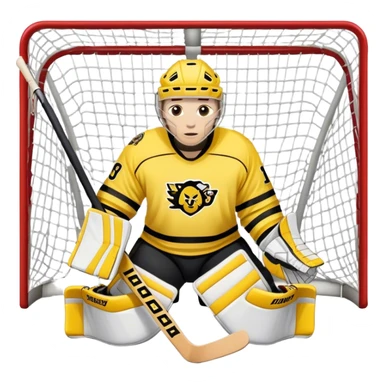 moji of a hockey goalie in yellow and black gear, standing in front of the net, with a team in matching uniforms holding sticks sticker