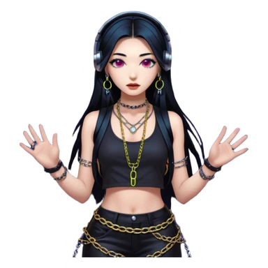  korean-techno-dj-girl,-wearing-a-stylish-edgy-outfit-with-metallic-chains,-long-black-hair,-performing-in-a-neon-lit-underground-club,-cyberpunk-aesthetic,-high-detail-3d-emoji-style,-energetic-and sticker
