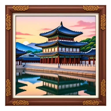 Cinematic Realistic Gyeongbokgung Palace Landmark Emoji, rendered with traditional Korean architecture, ornate wooden carvings, and vibrant colors, set against the backdrop of modern Seoul with soft evening light. sticker