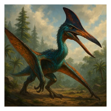 quetzalcoatlus dinosaur in the style of the Ark: Survival Evolved game, detailed, dynamic pose, vibrant colors, prehistoric atmosphere sticker