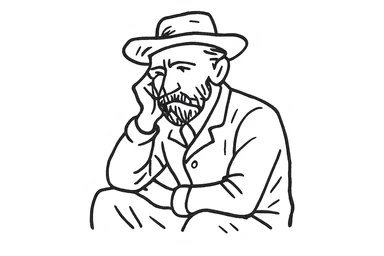 Van Gogh sitting and thinking, minimalist icon, recognizable hat and beard sticker