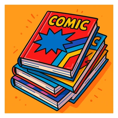 stack of comic books in vibrant cartoon style, glossy covers, energetic vibe sticker