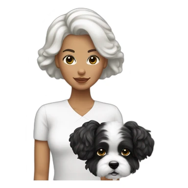 mujer piel blanca con peinado de chongo negro con perro bichon blanco sticker