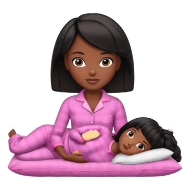 Dark skin Black barbie, short  black bob  hair, pink pajamas laying on pillow  sticker