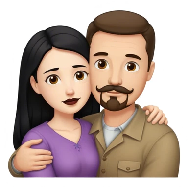 Tall white man with brown mustache and goatee hugging a short pale woman with long black hair sticker