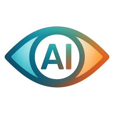 AI icon, futuristic eye, teal and orange color scheme, gradient design style sticker