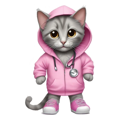Rag doll kitten wearing oversized pink hoodie with rhinestones and a grey stethoscope and legs are wearing crocs sticker