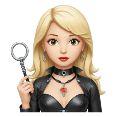 Dominatrix with blonde hair, latex outfit, old fashioned key necklace, and a whip sticker