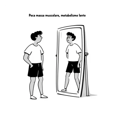 Uomo di 30 anni in abbigliamento sportivo davanti allo specchio, braccia e gambe sottili, poca massa muscolare, espressione preoccupata, testo in italiano: “Poca massa muscolare, metabolismo lento”. sticker