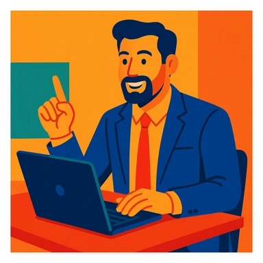 A 35-year-old male business coach sitting at a table with a laptop sticker