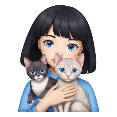 A Korean black-hair girl with bangs is holding a gray-blue Devon Rex cat with blue eyes sticker