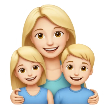 a happy mother with her children, all showing their braces, cheerful emoji style sticker