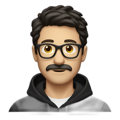 White man dark straight hair moustache, wearing a black hoodie, glasses sticker