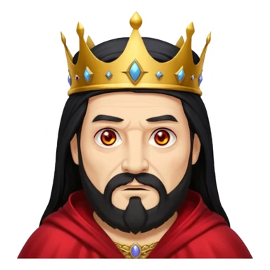 


an old king with yellow skin, red eyes, 60 years old, black hair, black beard, wearing a crown, red robe, fierce face, baron/lord vibe, longer hair cover the face, add scar
 sticker