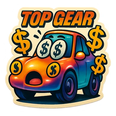 Top Gear sticker featuring a car with dollar signs and a surprised face, colorful and engaging sticker