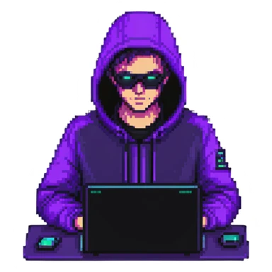 hacker with glowing purple laptop sticker