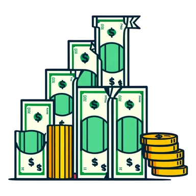 upward green arrow next to a tall growing stack of dollar bills and coins sticker