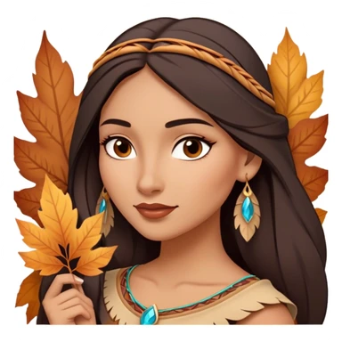 Cinematic Playful Pocahontas Portrait Emoji, Tilting her head with a knowing smirk, holding a delicate autumn leaf, eyes glimmering with adventure, an enchanting blend of confidence and charm, absolutely captivating! sticker