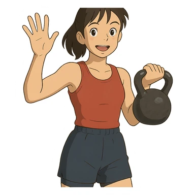 ghibli style sport girl with kettlebell in one hand and waving hello with the other sticker