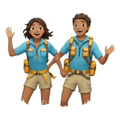 Two friends stand in the ocean, dressed in sea-worn, explorer-like clothing—loose, flowing shirts and water-ready gear that hints at adventure. They splash each other playfully, laughing as the waves crash around them. Their eyes meet, full of joy and appreciation for the moment, completely immersed sticker