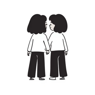 Silhouette of two identical twins seen from behind, standing side by side in pastel colors (dd9fb0, ffc6d3, a3bfc9, c4bee2, f1b091), hand-drawn doodle style sticker