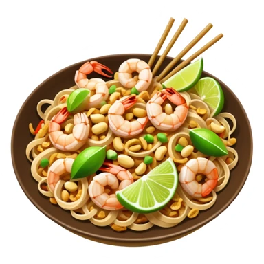 appetizing pad thai noodles with lime wedge, peanuts, shrimp sticker
