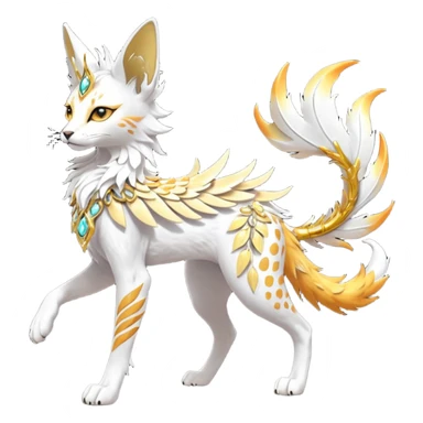 Epic complex fantasy glorious detailed futuristic divine godly angelic feathery sunny, white, albino, pastel, golden, orange glowing sparkly, realistic Fakémon-Sprigatito-Floragato-Meowscarada-Trico-Sergal-Serval-Solgaleo-Vernid-creature (full body) solarpunk, shiny sparkly with a gold laurel sticker