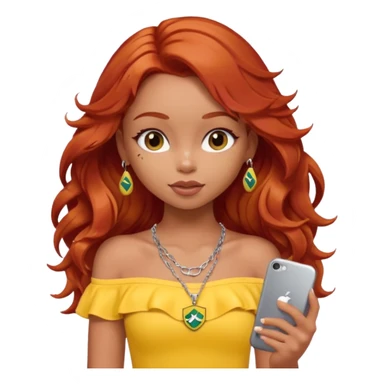 a pretty bratz girl with wavy red hair, wearing a yellow brazil jersey falling off her shoulder. silver dainty layered necklaces, carrying an iphone sticker