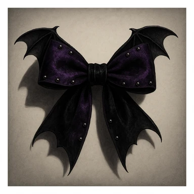 goth bow with velvet texture, deep purple and black, silver studs, dramatic shadows, bat wings sticker