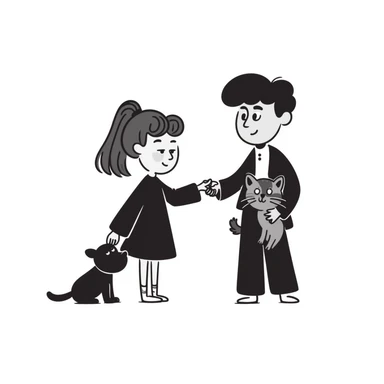 A girl with long brown hair holding the hand of a boy with black hair, both dressed in black, holding a cat and dog sticker