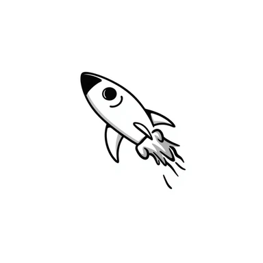 A hand-drawn toy rocket with a silly grinning face and flame trail sticker