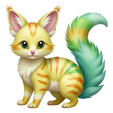  cute adorable yellow-green-turquoise-gradients albino fur with random colorful iridescent rainbow markings beautiful elegant pretty precious cute  Fakémon-Pokémon-opossum-feline-serval-caracal-chinchilla-Minccino-hybrid-creature with a big fluffy bushy striped tail (full body) sticker
