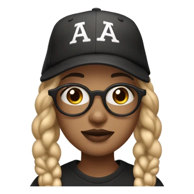 Girl with blonde hair with dark brown at the ends. She also has double nostril piercings, a septum ring, and a Medusa piercing, hazel eyes and big framed glasses. Hair is in braids with  a backwards baseball hat sticker