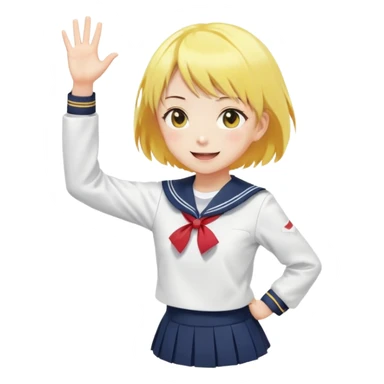 Anime girl with short bright yellow hair wearing Japanese sailor style school uniform, composed posture with hand on hip but energetically waving with other hand, excited smile and happy eyes sticker