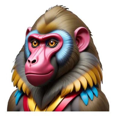 Cinematic Noble Mandrill baboon Portrait Emoji, Poised and regal, with a striking, powerful build and a vivid, deep-set soulful eyes, Simplified yet sharp and sophisticated features, highly detailed, glowing with a vibrant, dignified glow, high shine, intelligent and commanding, stylized with an air of exotic majesty, focused and attentive, soft glowing outline, capturing the essence of a watchful and confident primate, so majestic it feels as though it could step out of the screen with effortless authority! sticker