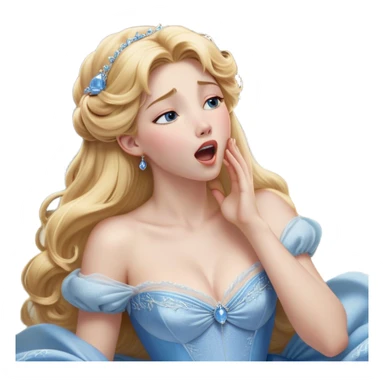 Cinematic Realistic Yawning Cinderella Portrait, showcasing lifelike porcelain skin and intricately detailed golden-blonde hair styled flawlessly as she mid-yawn reveals a moment of tender vulnerability. Her half-closed blue eyes and relaxed expression are rendered with natural, soft lighting that emphasizes the subtle textures of her face and the detailed, flowing fabric of her iconic gown. The scene glows with a cozy, authentic warmth that captures a rare, intimate moment of repose. sticker