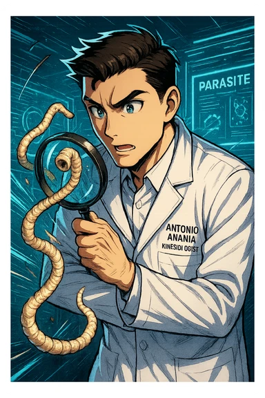 A dynamic manga/webtoon-style illustration of a young male kinesiologist wearing a clean white lab coat, analyzing light beige worms like a tapeworm under a magnifying glass. His expression is focused and slightly intrigued, with sharp, detailed eyes. The art style is vibrant, with bold linework, rich colors, and dramatic lighting. The background is a futuristic laboratory with glowing holographic screens displaying parasite data. The tapeworm is intricately drawn, slimy and segmented, with a slightly exaggerated yet realistic texture. The composition is dynamic, with motion lines or energy effects to emphasize his scientific investigation. The atmosphere is intense but not dark, keeping a balance between scientific seriousness and stylish manga aesthetics, he has "ANTONIO ANANIA" WRITTEN ON WHITE LAB COAT sticker