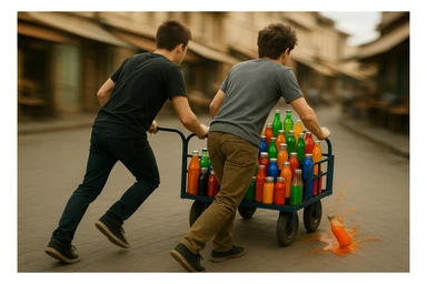 endi shu aravani bir balonchasi singan ko'rinishda va aka uka uning yonida turganini tasvirla yuzlari ko'rinmasin sticker